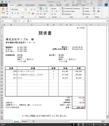 Microsoft Excel での表示