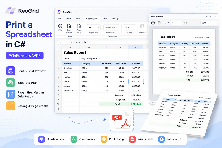 Printing a Spreadsheet in C# — Print, Preview, and PDF in WinForms and WPF