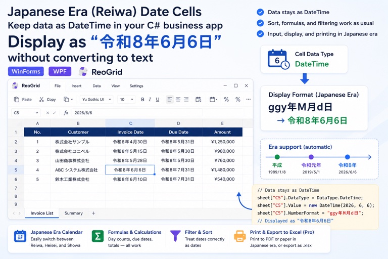 Japanese Era (Wareki) Date Cells in C# — Display 令和8年6月6日 While the Data Stays a DateTime