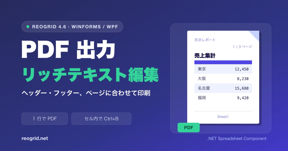 ReoGrid 4.6 リリース — PDF 出力、リッチテキストのセル内エディタ、印刷の強化