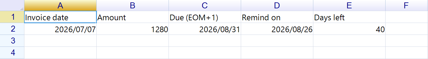 One invoice row where the due date reads 2026/08/31, the reminder date 2026/08/26 and the days-left column 40