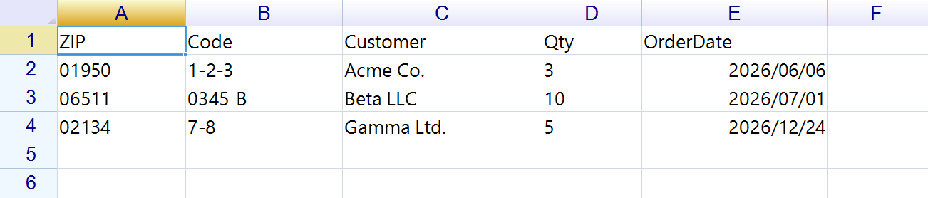 The same CSV loaded with declared column types: 01950 and 1-2-3 intact as text, and the order dates shown as yyyy/MM/dd