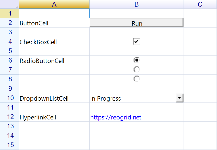 A grid showing a Run button, a ticked checkbox, three radio buttons with the first selected, a dropdown reading In Progress, and a blue hyperlink