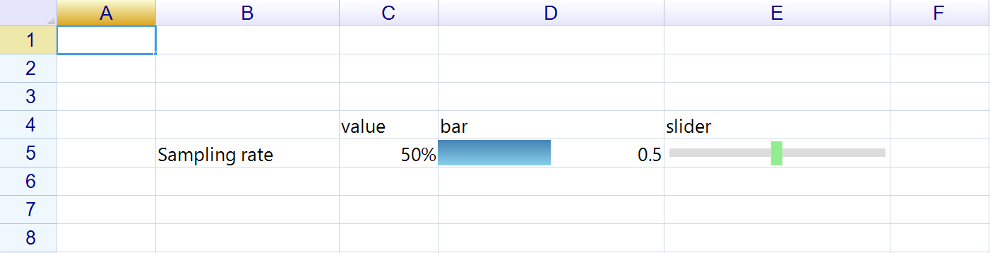 A row where column C reads 50%, column D draws a half-filled blue bar, and column E shows a slider track with its thumb in the middle