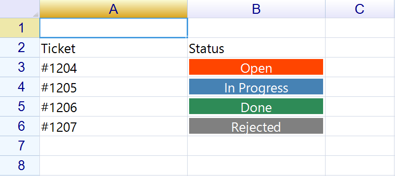 A status column where Open is orange-red, In Progress is blue, Done is green and Rejected is grey, each drawn as a filled badge with white centred text
