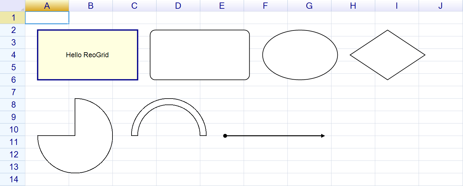 A worksheet with a yellow captioned rectangle, a rounded rectangle, an ellipse, a diamond, a three-quarter pie, a block arc and an arrow line