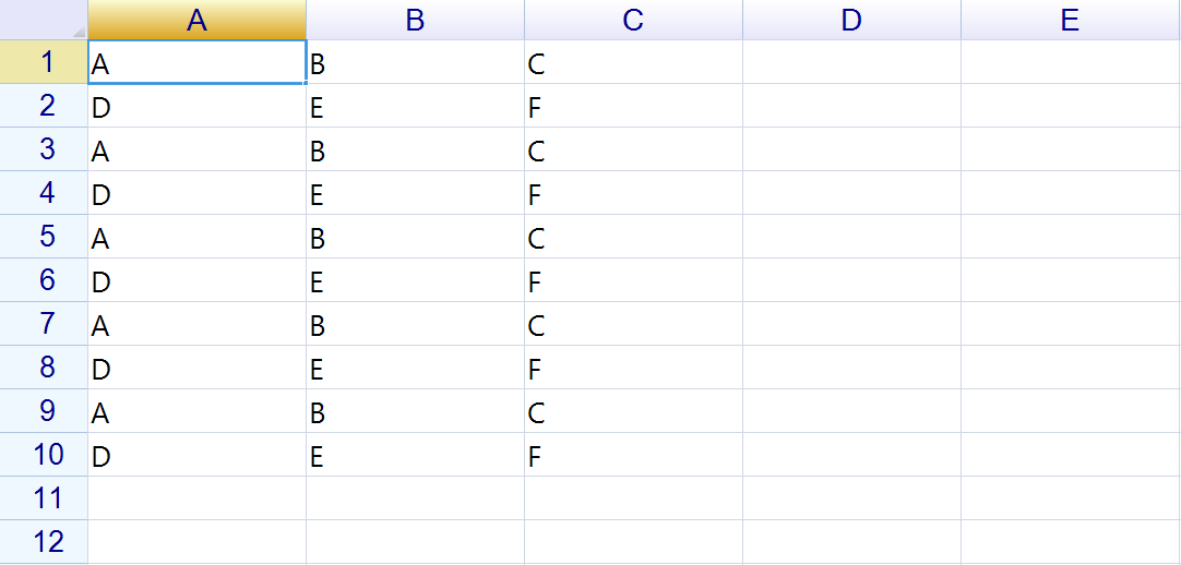 A sheet where the rows A B C and D E F alternate down ten rows