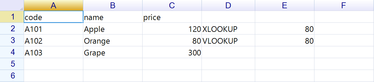 A three-row product table with XLOOKUP and VLOOKUP results both showing 80