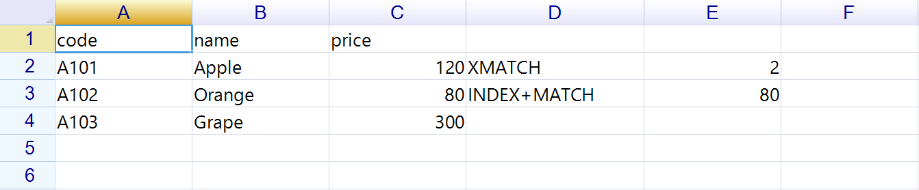 A three-row product table where XMATCH returns 2 and INDEX+MATCH returns 80