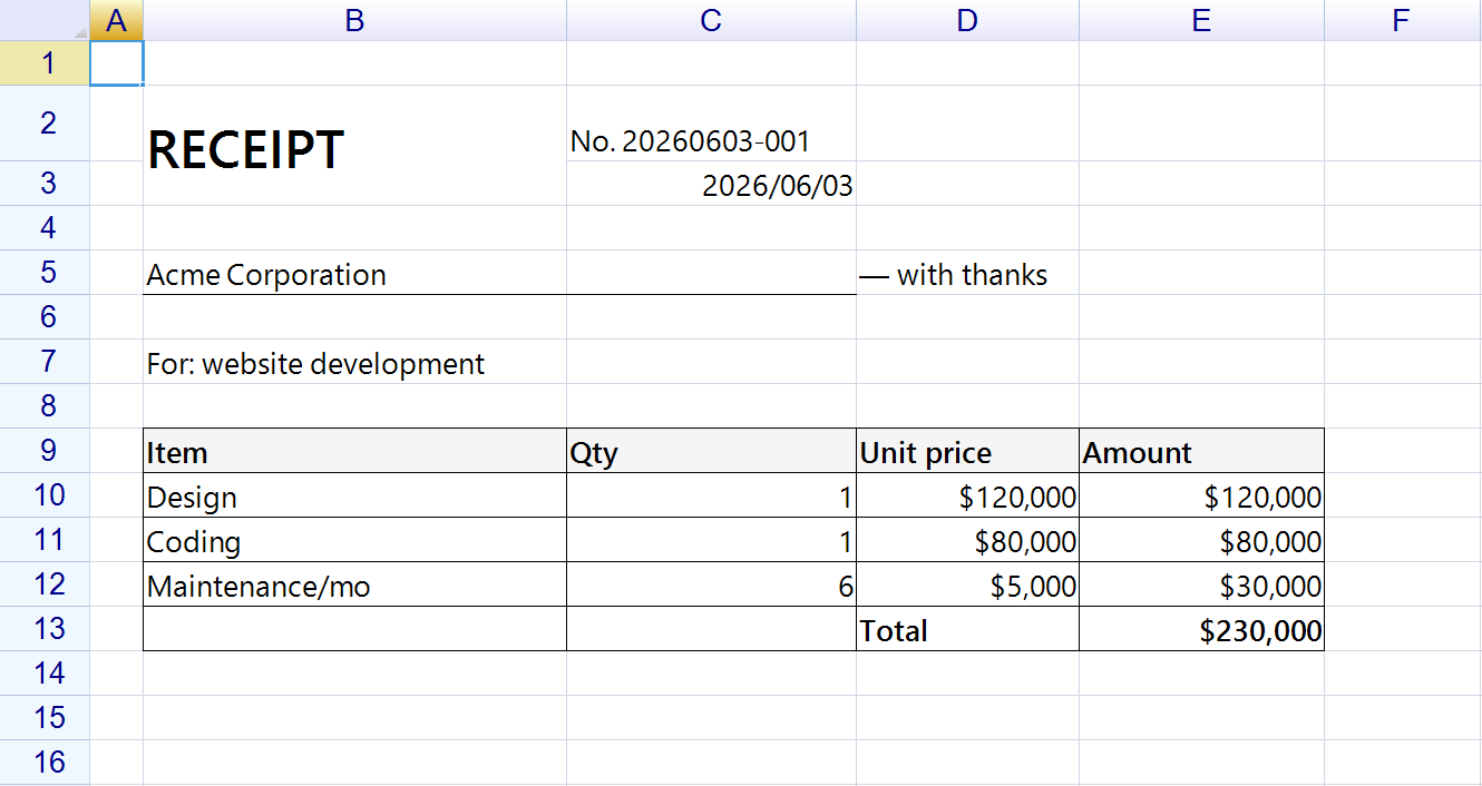 A receipt sheet with a merged RECEIPT title, customer and purpose lines, and a bordered item table totalling $230,000