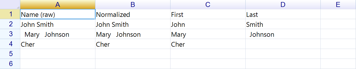 A four-column sheet splitting three names, where the row with no space keeps its whole name in First and leaves Last empty