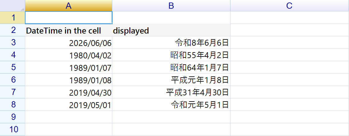 A 列に西暦、B 列に同じ値を 令和8年6月6日・昭和55年4月2日・昭和64年1月7日・平成元年1月8日・平成31年4月30日・令和元年5月1日 として表示したシート